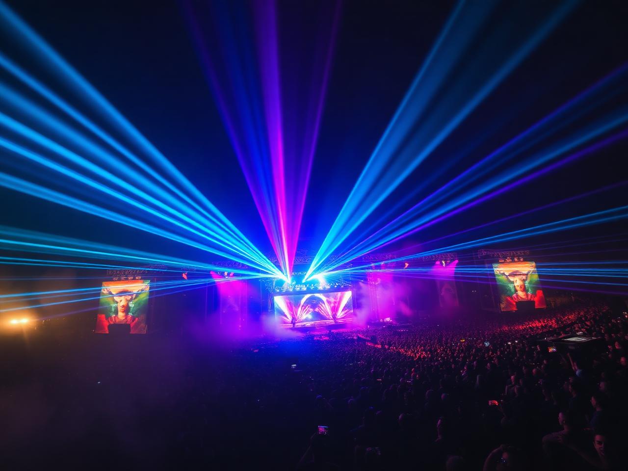 Festivalové pódium s intenzivními laserovými paprsky